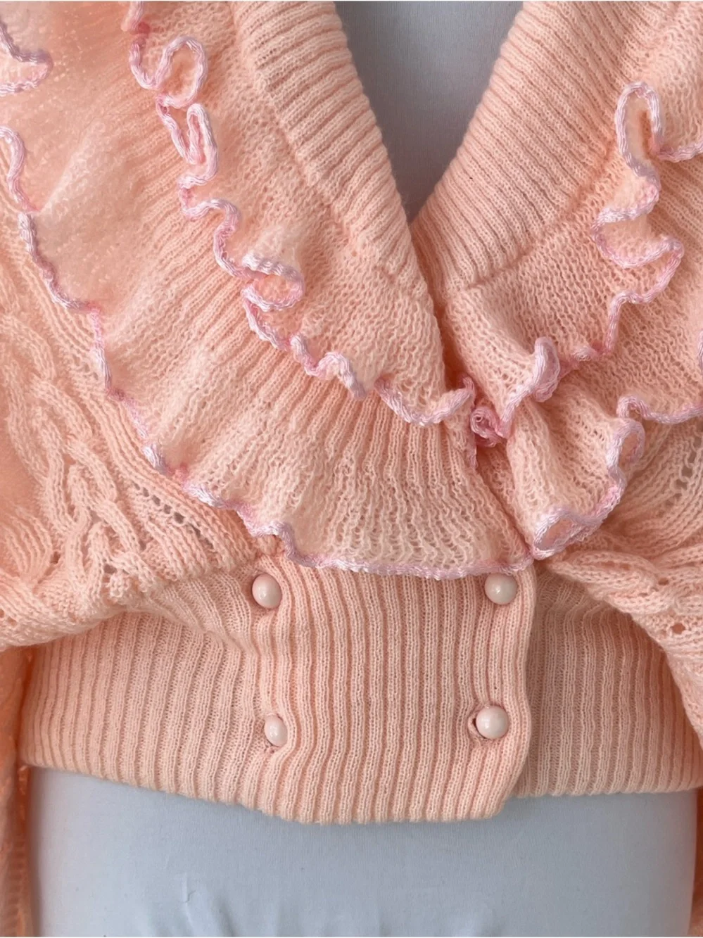 VINTAGE Eaton Batwing Lacy Cable Knit Cardigan Ruffles Feminine Romantic 70's - Picture 3 of 17